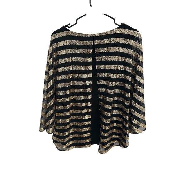 Prelude Striped Mesh Sequin Top Black Gold Sz Large Sparkle Party Night Out - Picture 2 of 10